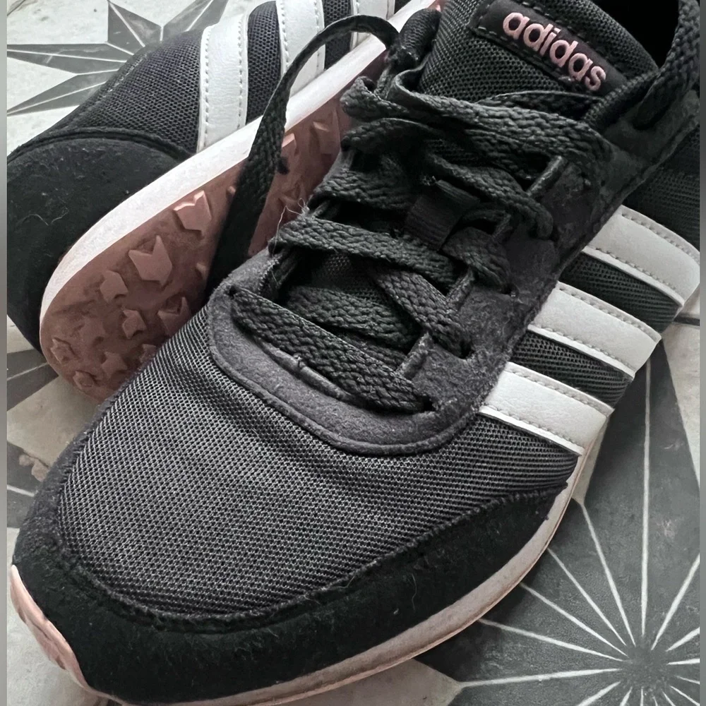 Adidas Dark Gray Sneakers with Pink Accents & Signature White Stripes - Picture 3 of 6